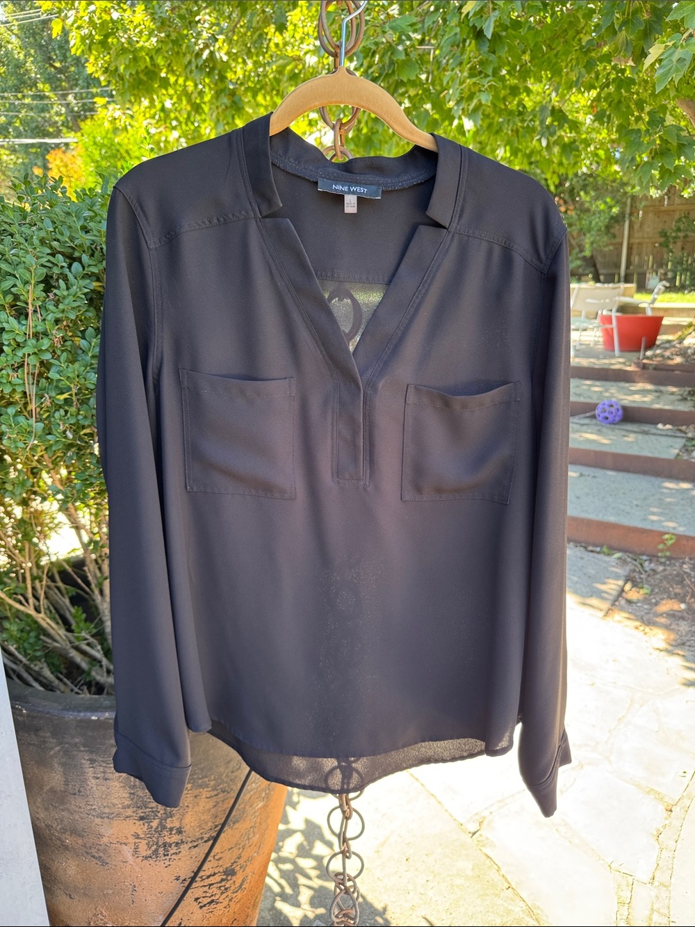 Nine West Black Long-Sleeve V-Neck Blouse with Chest Pockets